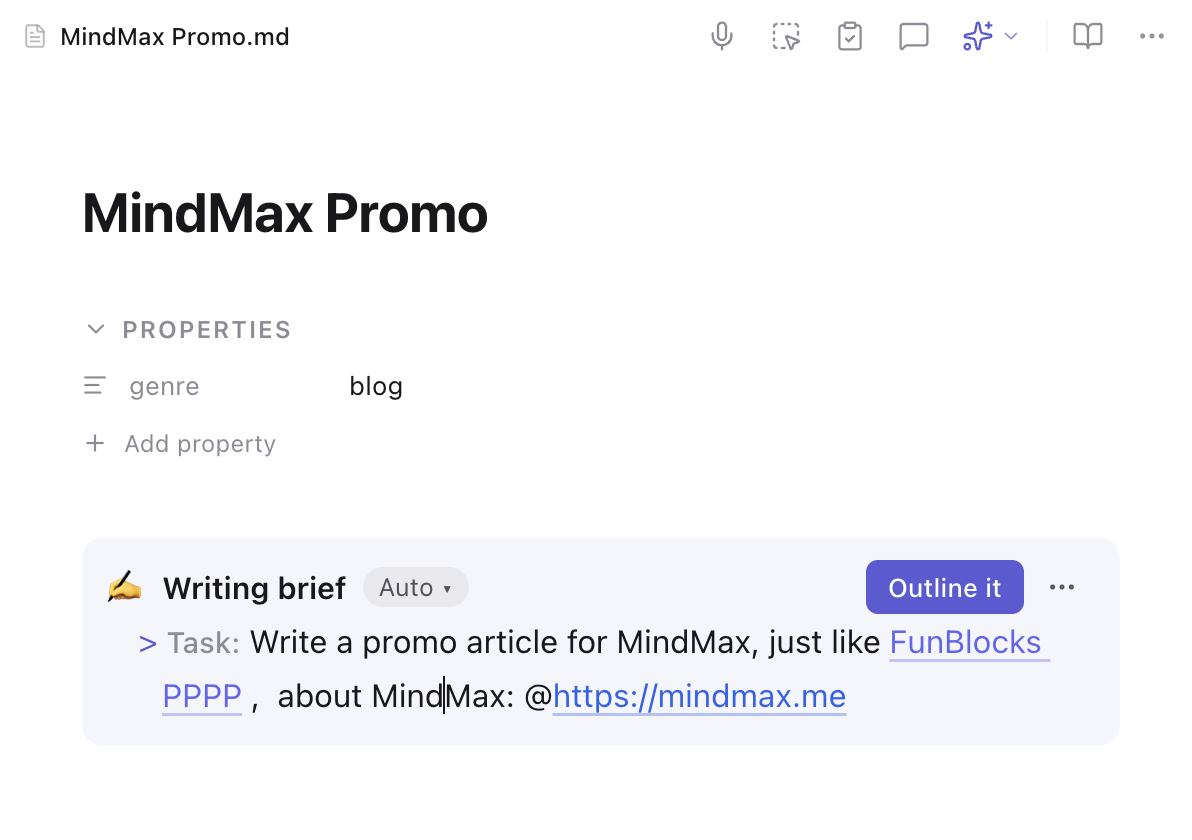 A document titled MindMax Promo with a writing brief on Auto whose Task line reads “Write a promo article for MindMax, just like FunBlocks PPPP, about MindMax: @https://mindmax.me” — an earlier piece linked by name as the model and the product site linked as the material — beside the Outline it button
