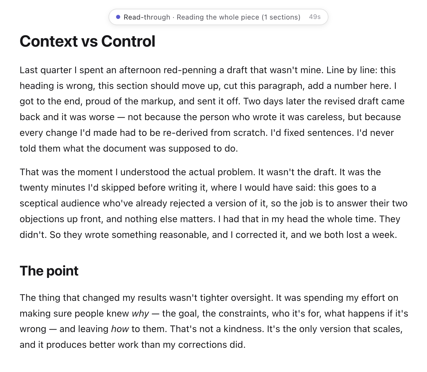 A finished blog post with a status pill at the top reading Read-through · Reading the whole piece