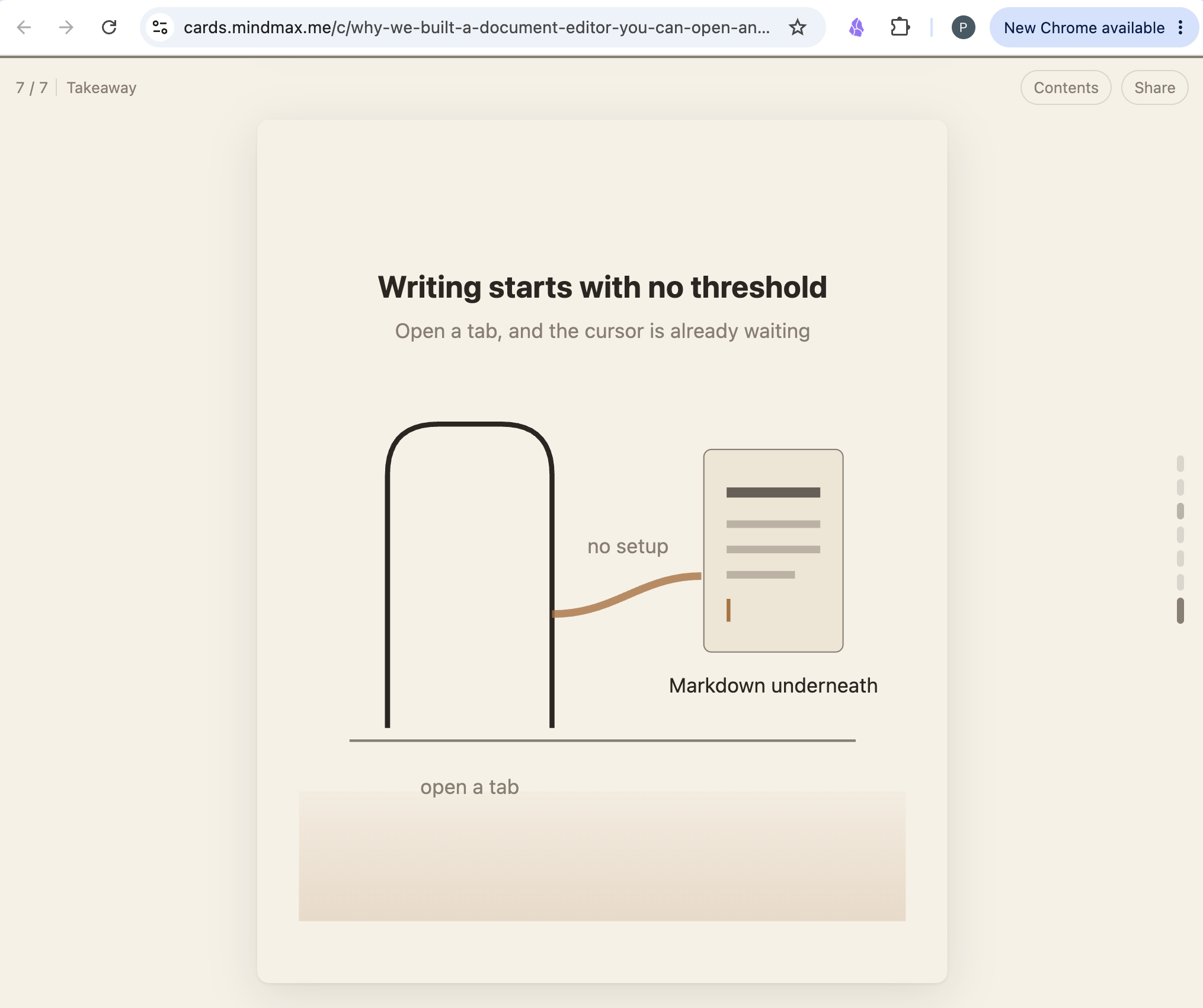 A document in the MindMax editor beside the carousel of cards generated from it