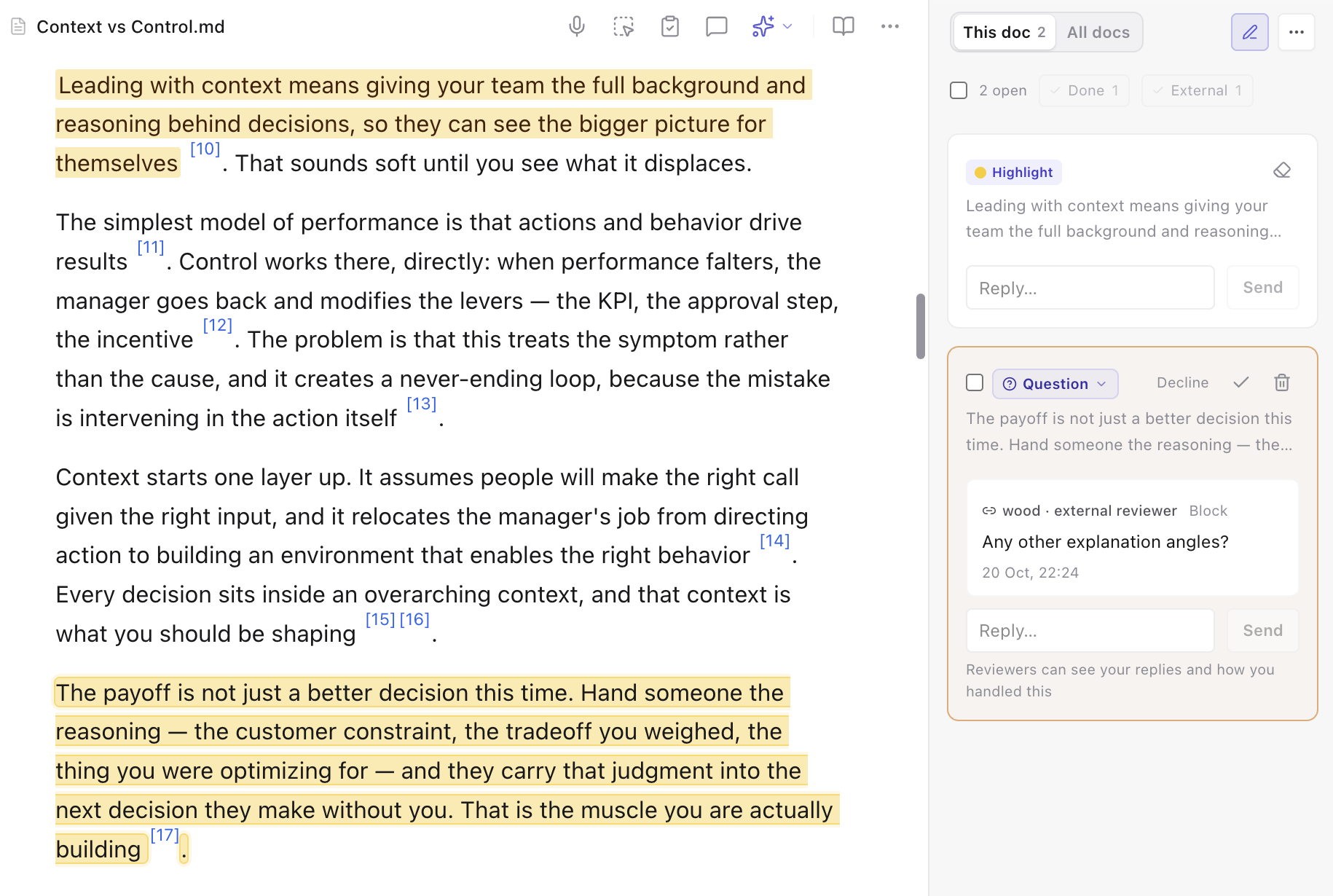 A draft in MindMax with highlighted passages, and the comments panel beside it showing a comment from an external reviewer, an External filter, and Decline and reply controls