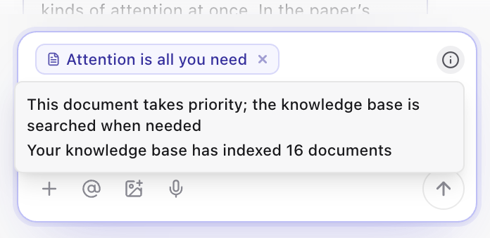 The message box with a paper attached and its info note: the attached document takes priority, and the knowledge base — 16 documents indexed — is searched when the question needs it