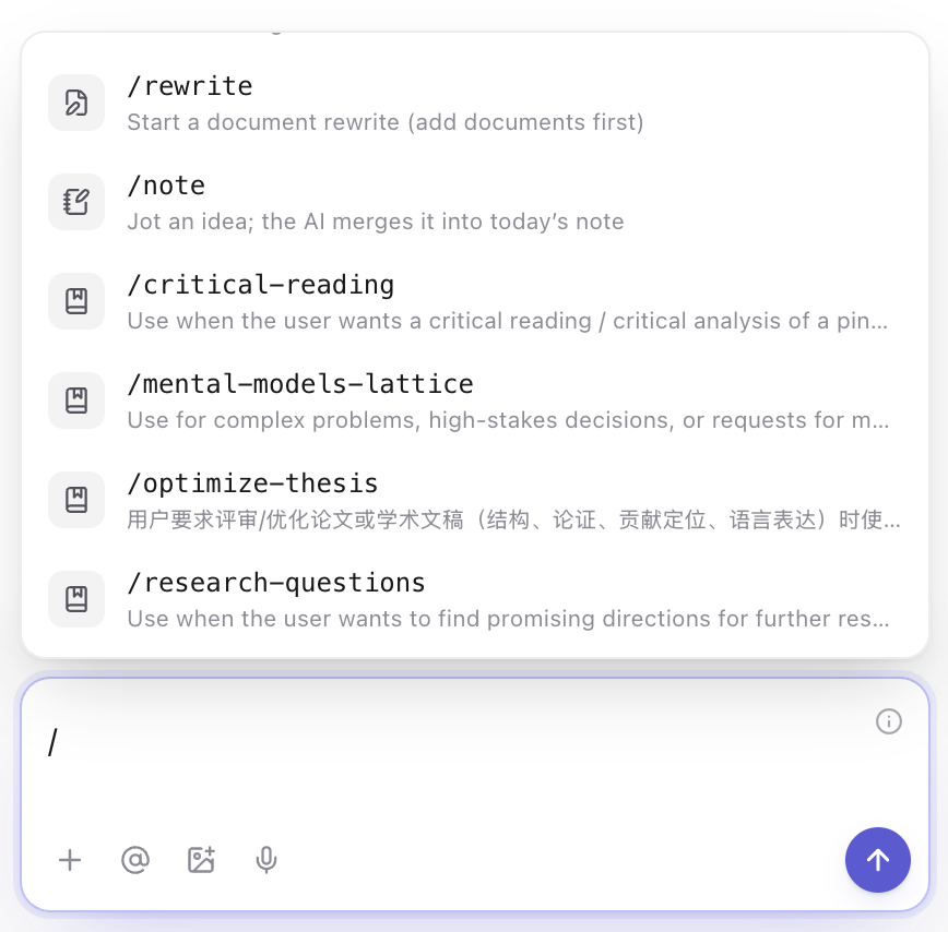 The slash menu open in chat, listing available skills with their one-line descriptions