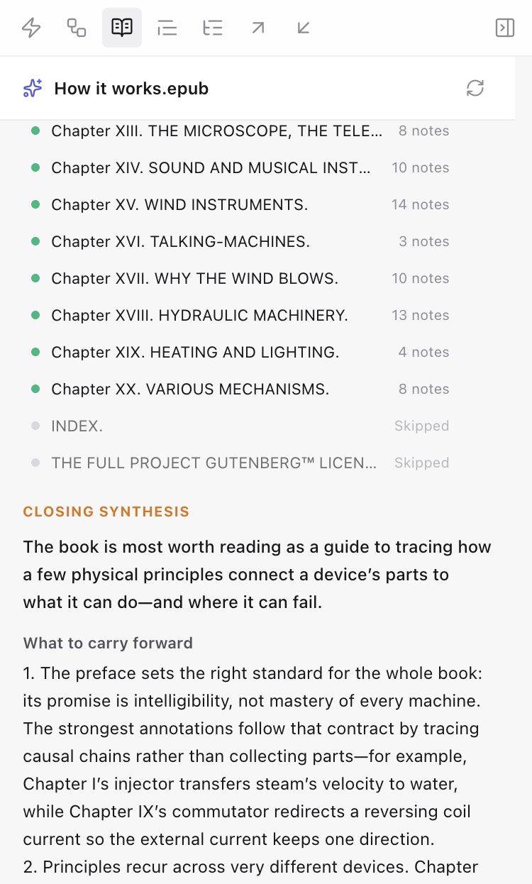 The annotation panel for an ebook: chapters with their note counts, the index and licence marked Skipped, and the closing synthesis beginning underneath