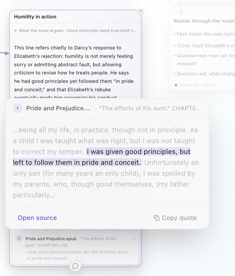 The citation preview over the card “Humility in action”: the quoted sentence highlighted in the text around it from Pride and Prejudice, with Open source and Copy quote