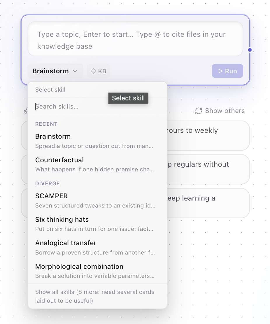 The skill menu open on an empty topic card: recent skills first (Brainstorm, Counterfactual), then the diverge group — SCAMPER, six thinking hats, analogical transfer, morphological combination