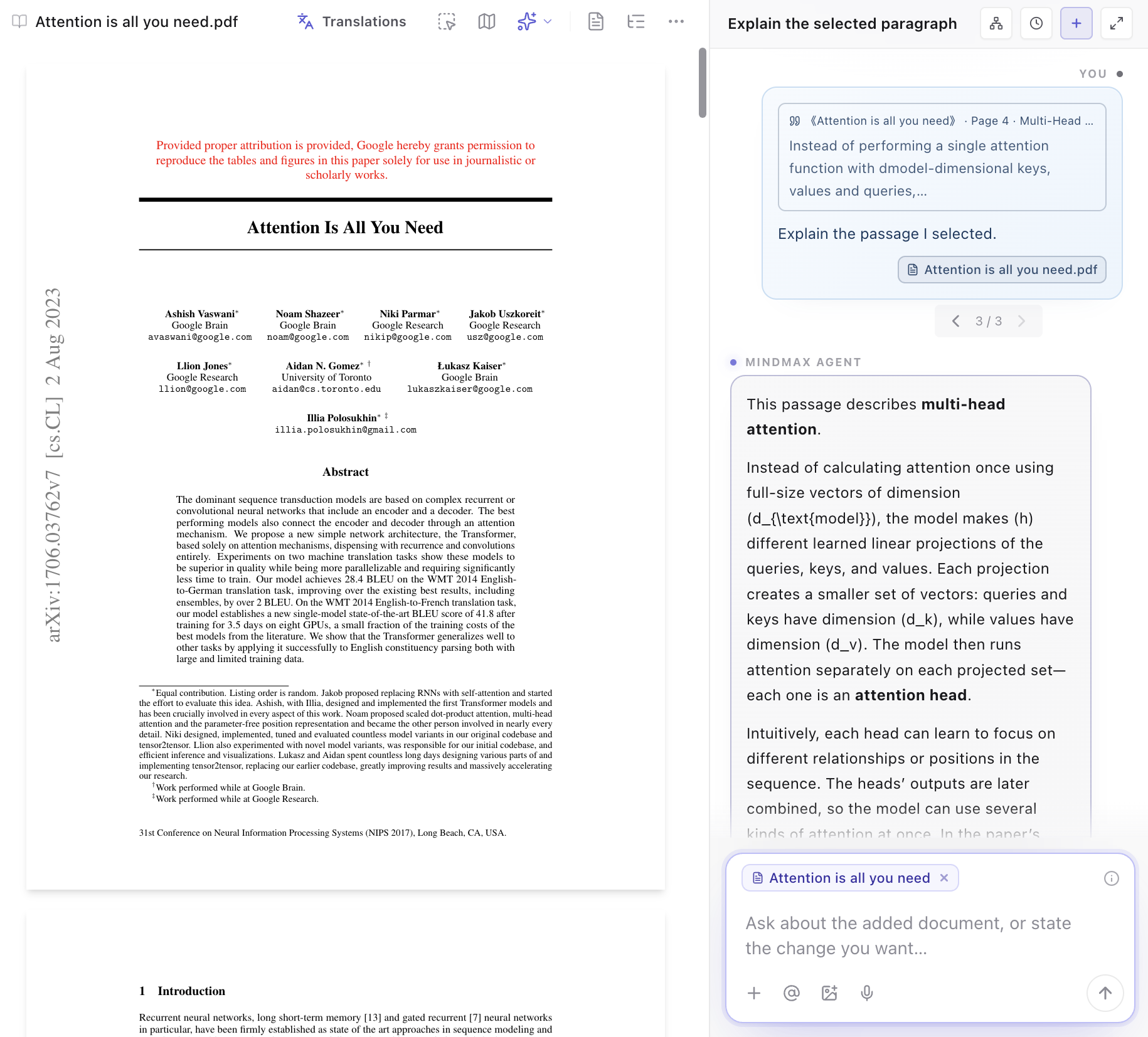 A paper open in MindMax with a passage from page 4 sent to the assistant as a quote, and its explanation of multi-head attention beside the PDF