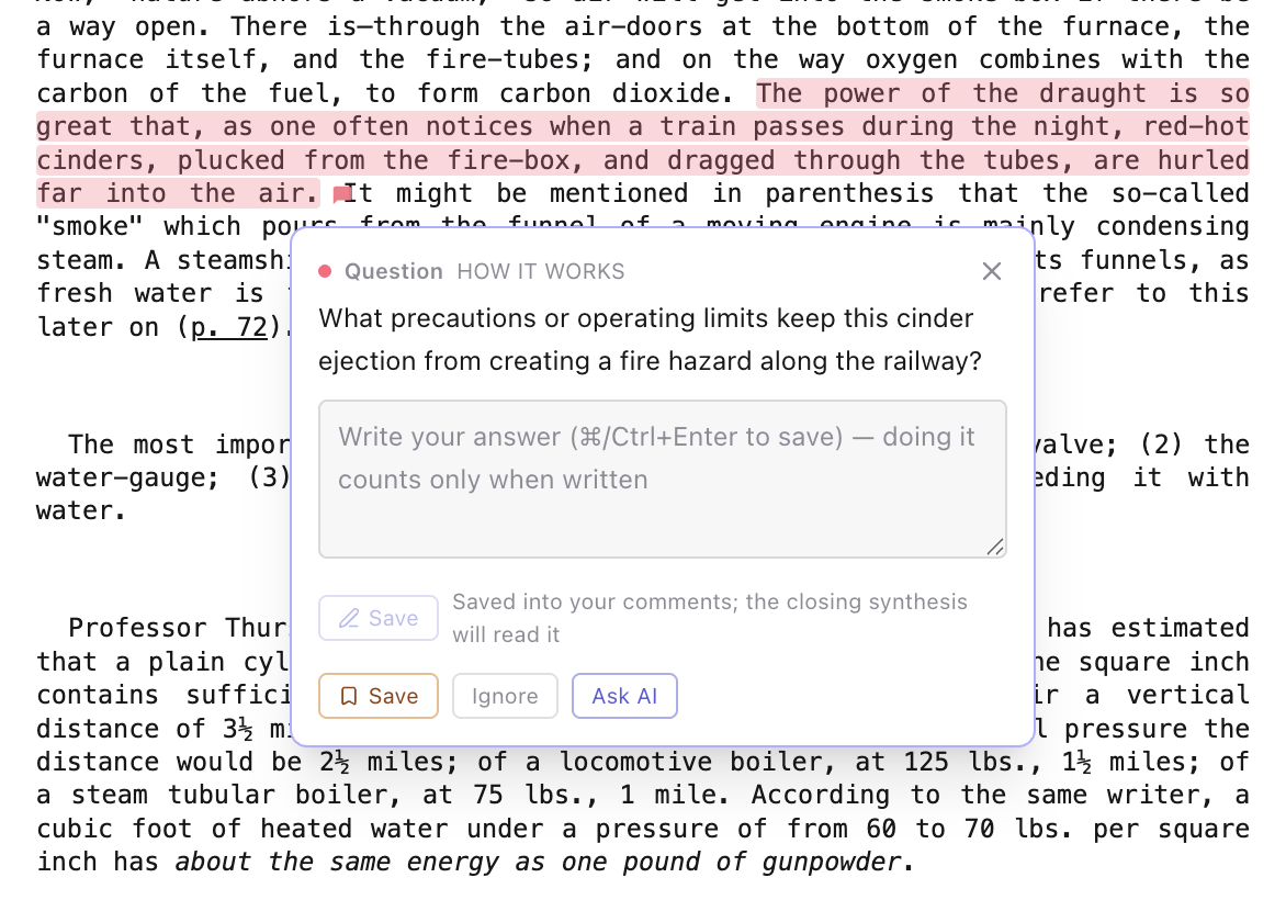 A Question note open on the passage it asks about, with a box to write your answer, which is saved into your comments for the closing synthesis to read