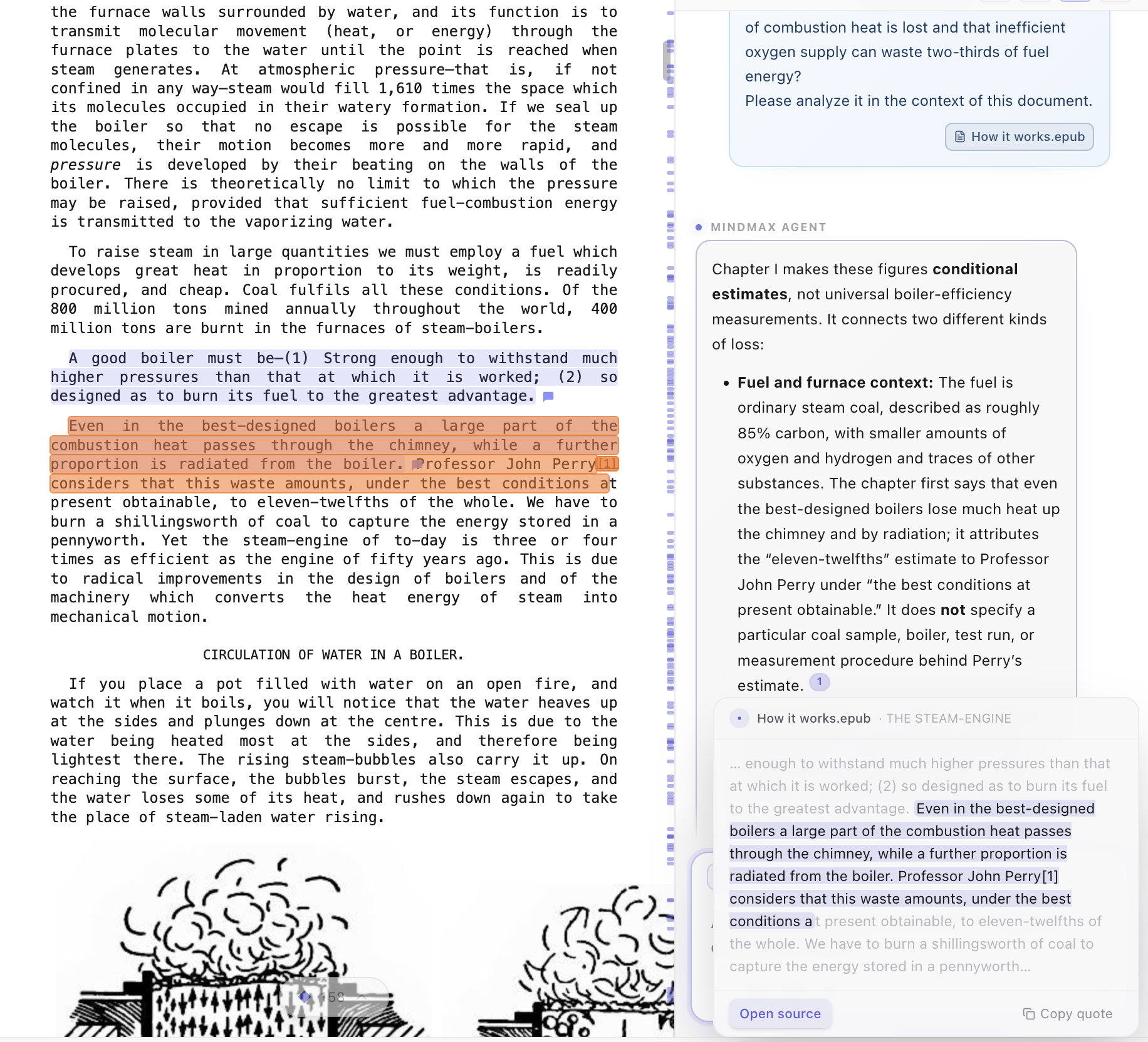 An answer about an EPUB with its citation marker opened: a card names the book and chapter and shows the quoted sentences in their context, with Open source; beside it the book is open at that passage, the quote highlighted