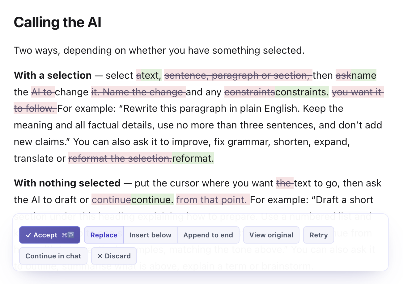 A rewrite at the cursor shown as marked changes inside the paragraph — replaced words struck through, new words highlighted — with Accept, Replace, Insert below, Append to end, View original, Retry and Discard below