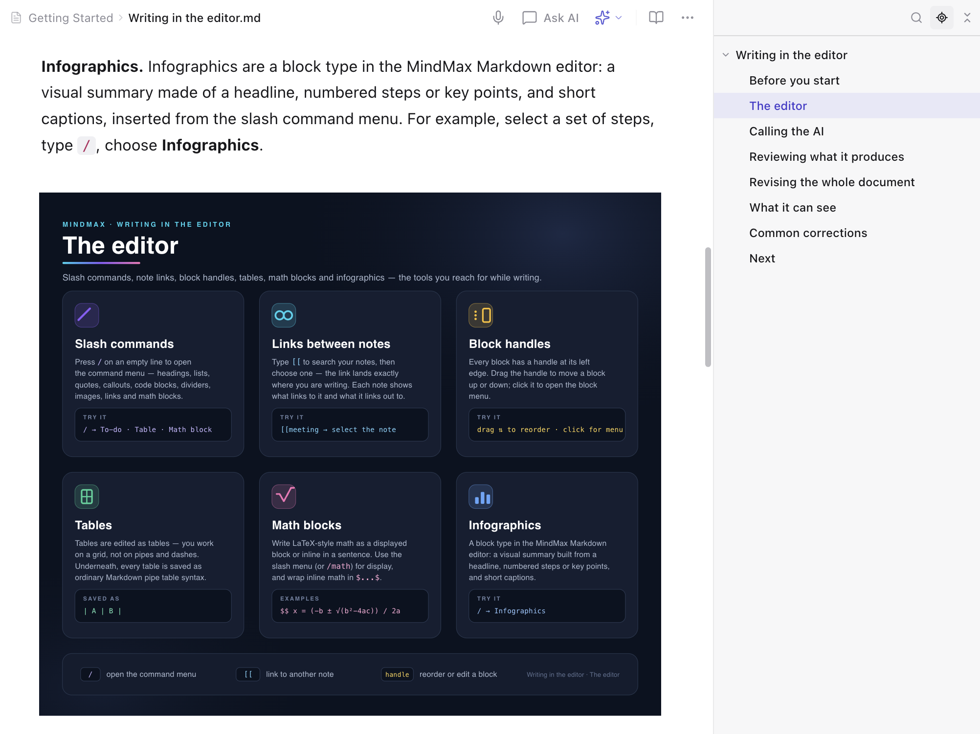 An infographic block rendered inside a note — six cards for slash commands, links, block handles, tables, math and infographics — with the note’s outline beside it