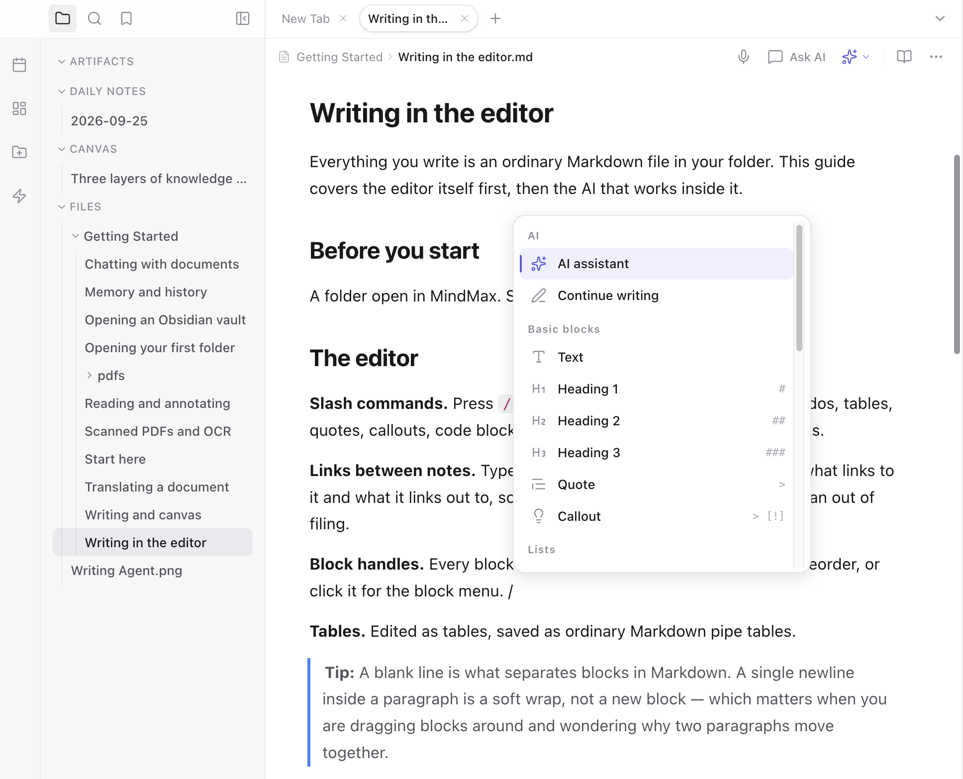 A note open in the editor, formatted as a document with headings and bold run-in labels, and the slash menu open with AI assistant and Continue writing above the basic blocks