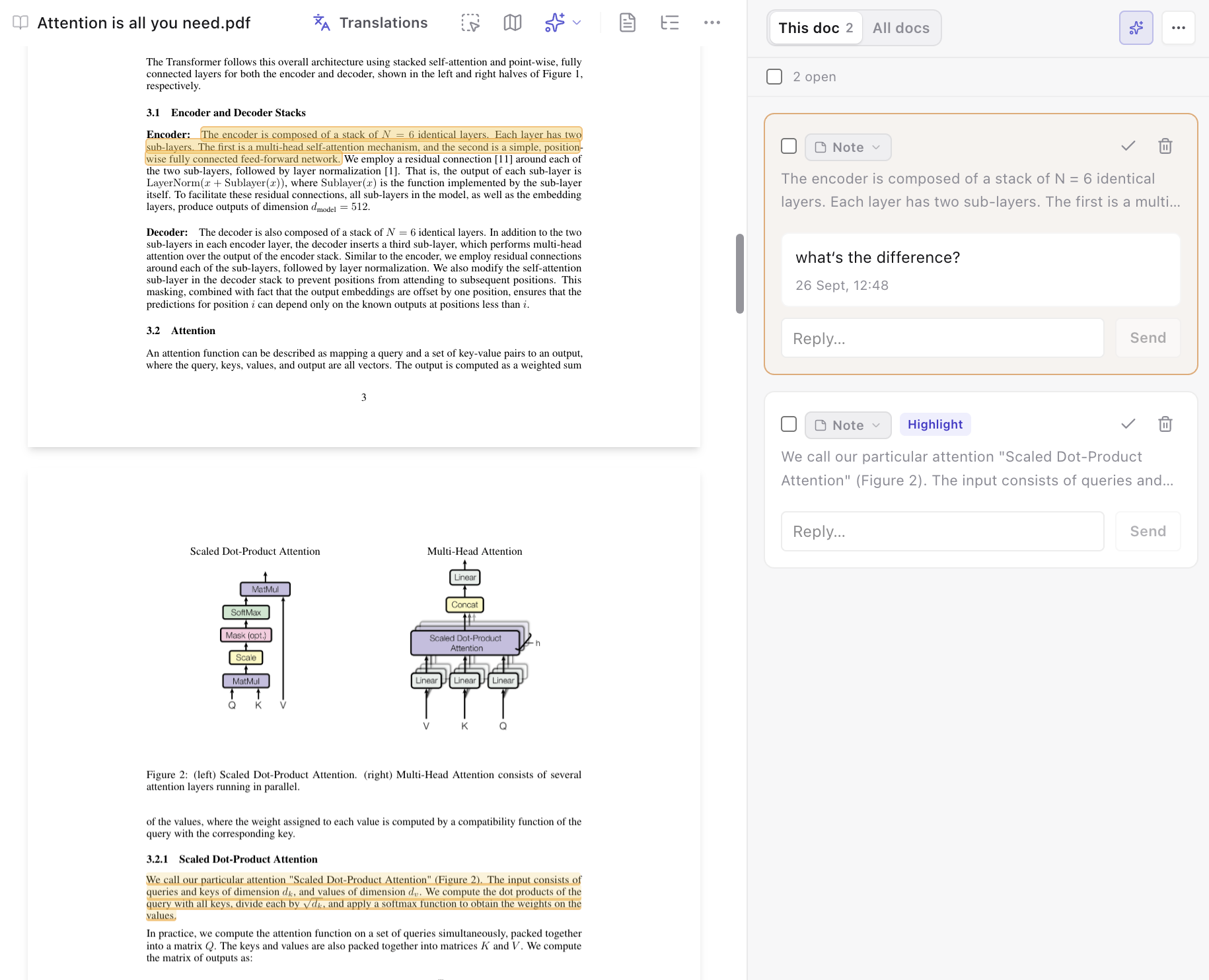 A paper open in MindMax with highlighted passages and the notes panel beside it: a note on the encoder paragraph with a question asked on it, and a second highlight below