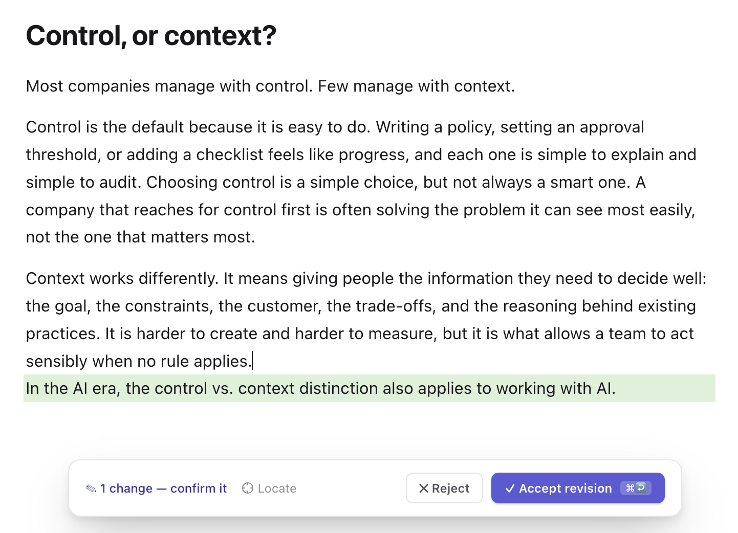 A note with the quick note added as a new highlighted sentence at the end, and a bar reading '1 change — confirm it' with Locate, Reject and Accept revision ⌘↩