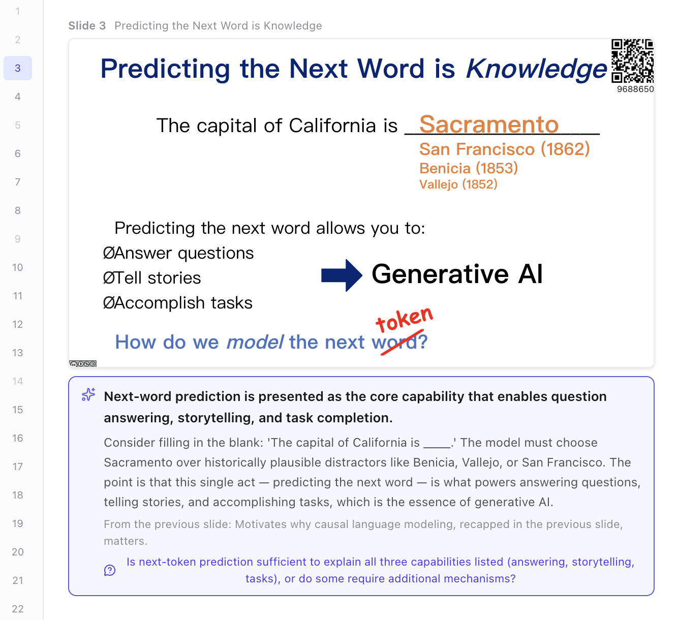 A slide with a reading card beside it: what the speaker would say, how it follows the previous page, and what to ask