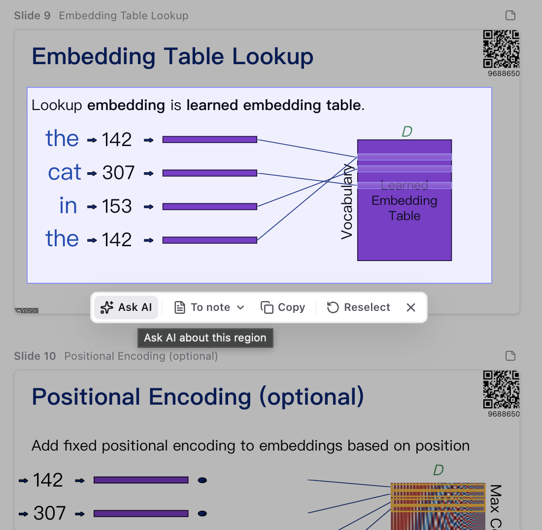 A box drawn around the embedding-table diagram on slide 9, with its toolbar — Ask AI about this region, To note, Copy, Reselect