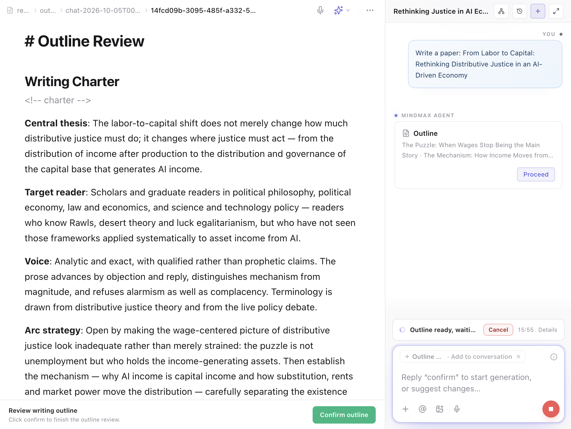 An outline review open in the editor — the writing charter with its central thesis, target reader and voice — and a Confirm outline button, while the assistant waits for approval before drafting anything