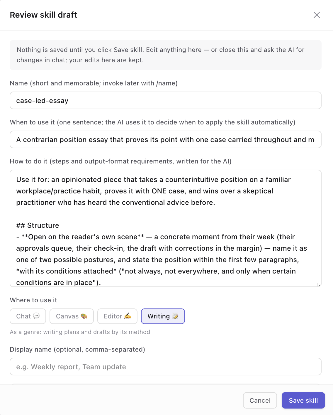 「审阅技能草稿」对话框，内容是从一篇文章提炼出的文体：名称 case-led-essay、一句话说明、从结构写起的方法正文，「用在哪里」选的是写作，底部是取消和保存技能按钮（英文界面）