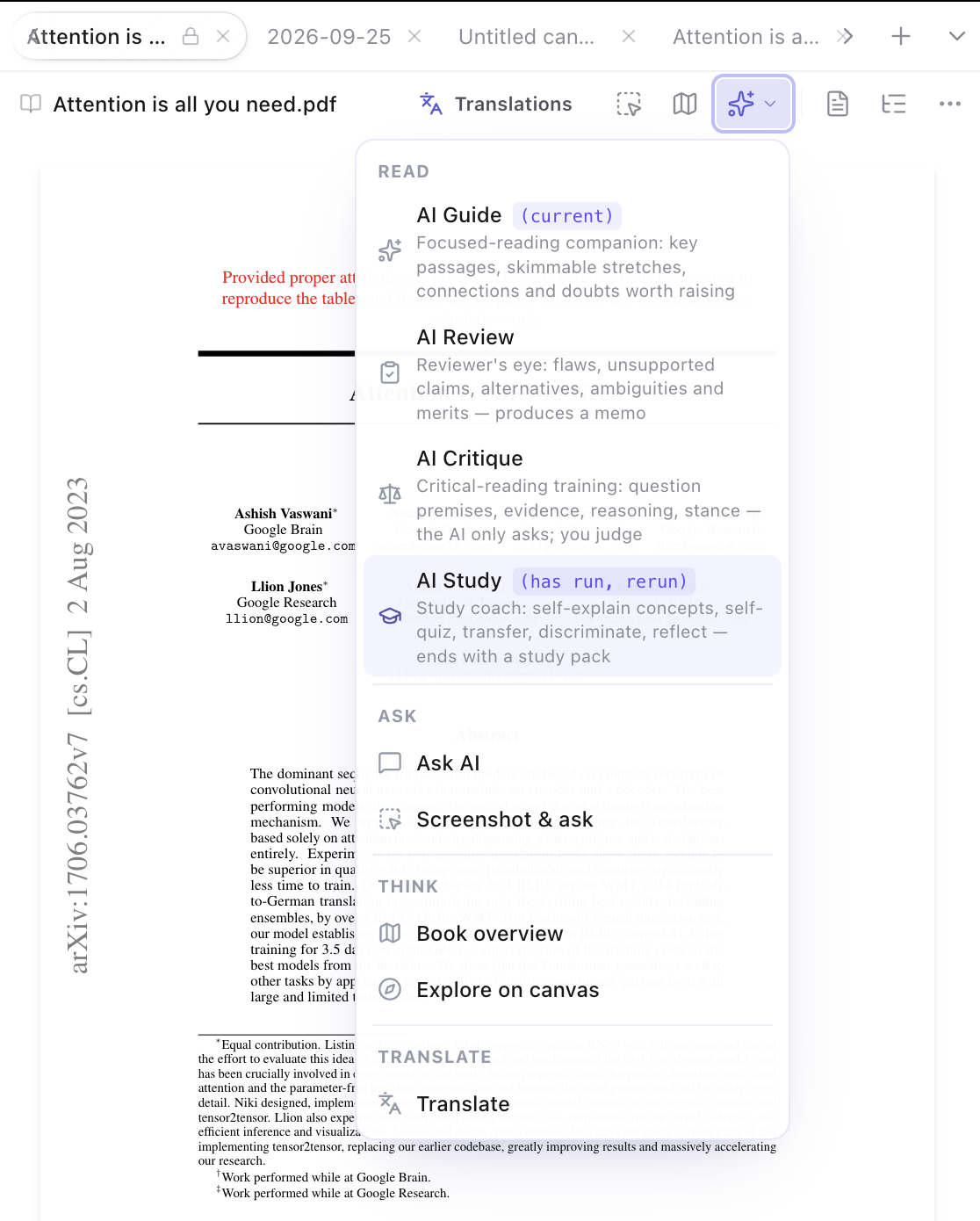 PDF 上打开的 AI 菜单，列出导读、评审、思辨、学习四个阅读镜头，旁边还有提问、截图、全书概览、画布和翻译