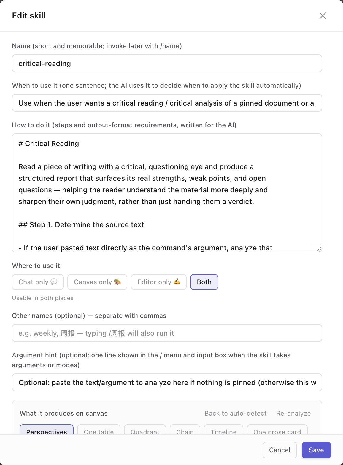 critical-reading 技能的编辑对话框，字段包括名字、一句话说明什么时候用、写给 AI 的方法、在哪里用（对话、画布、编辑器或都用），以及它在画布上产出什么（界面为英文）