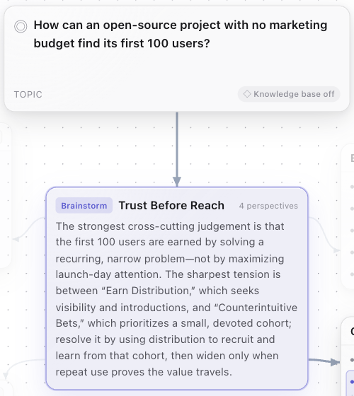 主题卡下方的枢纽卡「Trust Before Reach（先建立信任，再追求覆盖）」，点出了「赢得传播渠道」和「反直觉的押注」两条分支之间的张力