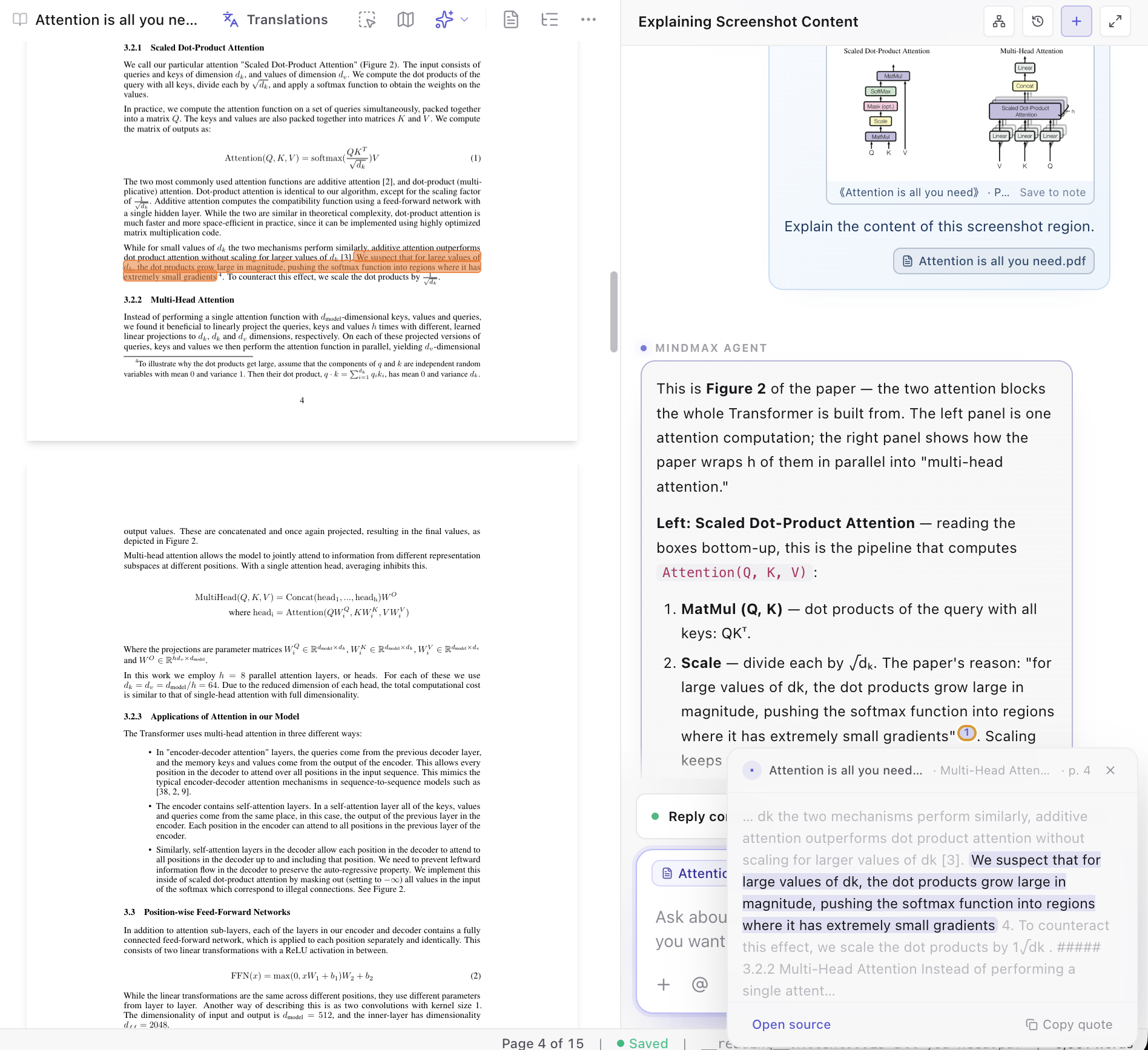 关于第 4 页框选图表的回答，其中一条引用展开显示它引用的句子，旁边 PDF 页面上同一句话高亮