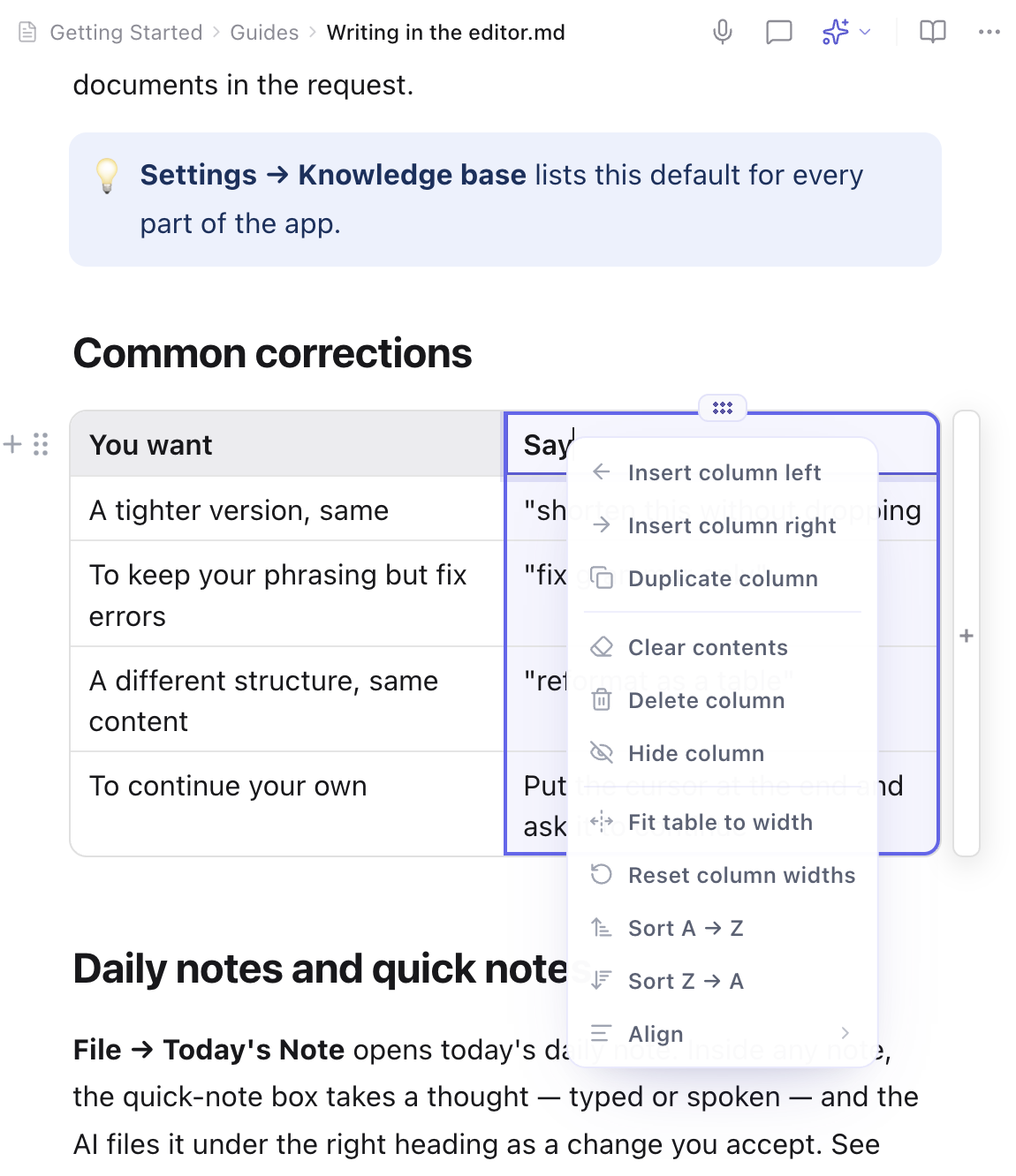 一张以网格方式编辑的 Markdown 表格，选中了一列并打开了它的菜单：插入、复制、清空、删除或隐藏该列，适应宽度、排序和对齐